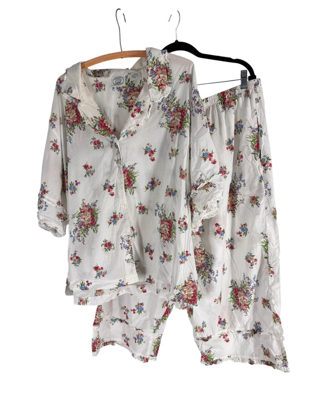 Laura Ashley Cream Floral Cotton Pajama Set with Pink & Green Bouquet Print